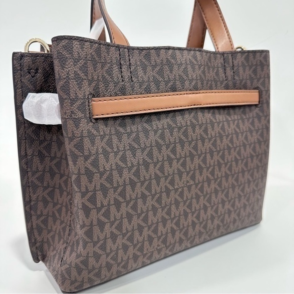 New Michael Kors Emilia Small Logo Printed Canvas Satchel Bag in Brown - Picture 3 of 12